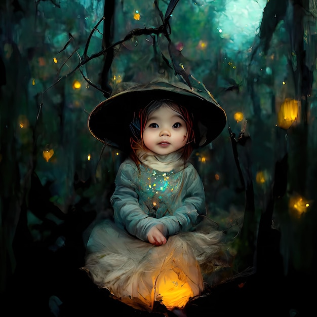 Bruxa bebê na floresta mágica