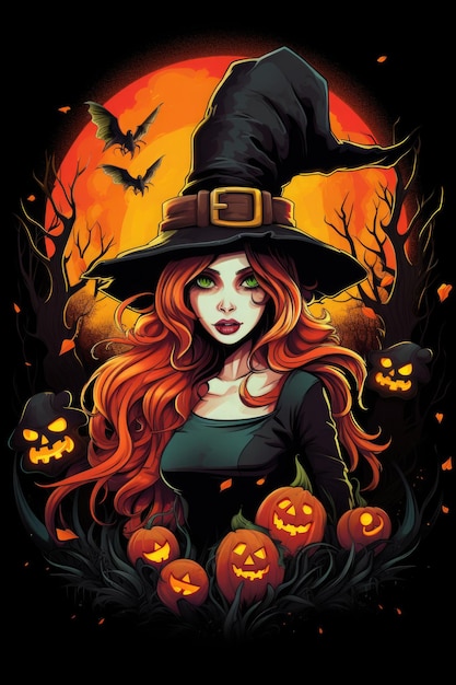 bruxa bonita segura um fundo de ilustração de halloween jakc o lantern