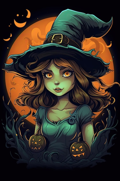 bruxa bonita segura um fundo de ilustração de halloween jakc o lantern