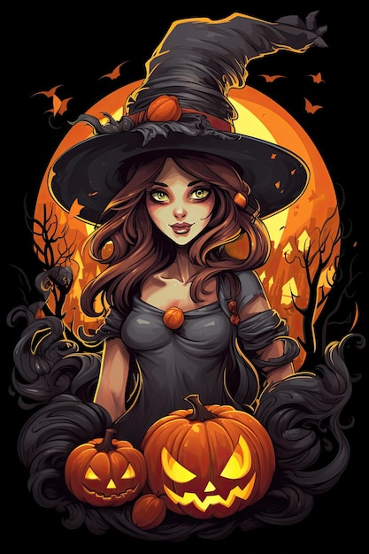 Bruxa bonita segura uma ilustração de halloween jakc o lantern