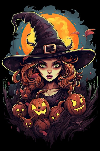 bruxa bonita segura uma ilustração de halloween jakc o lantern