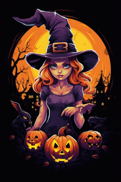 bruxa bonita segura uma ilustração de halloween jakc o lantern