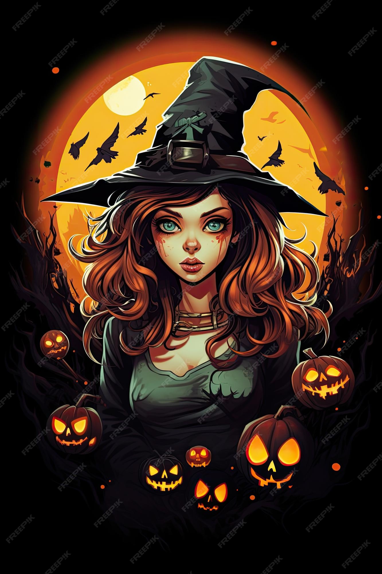 Bruxa bonita segura uma ilustração de halloween jakc o lantern