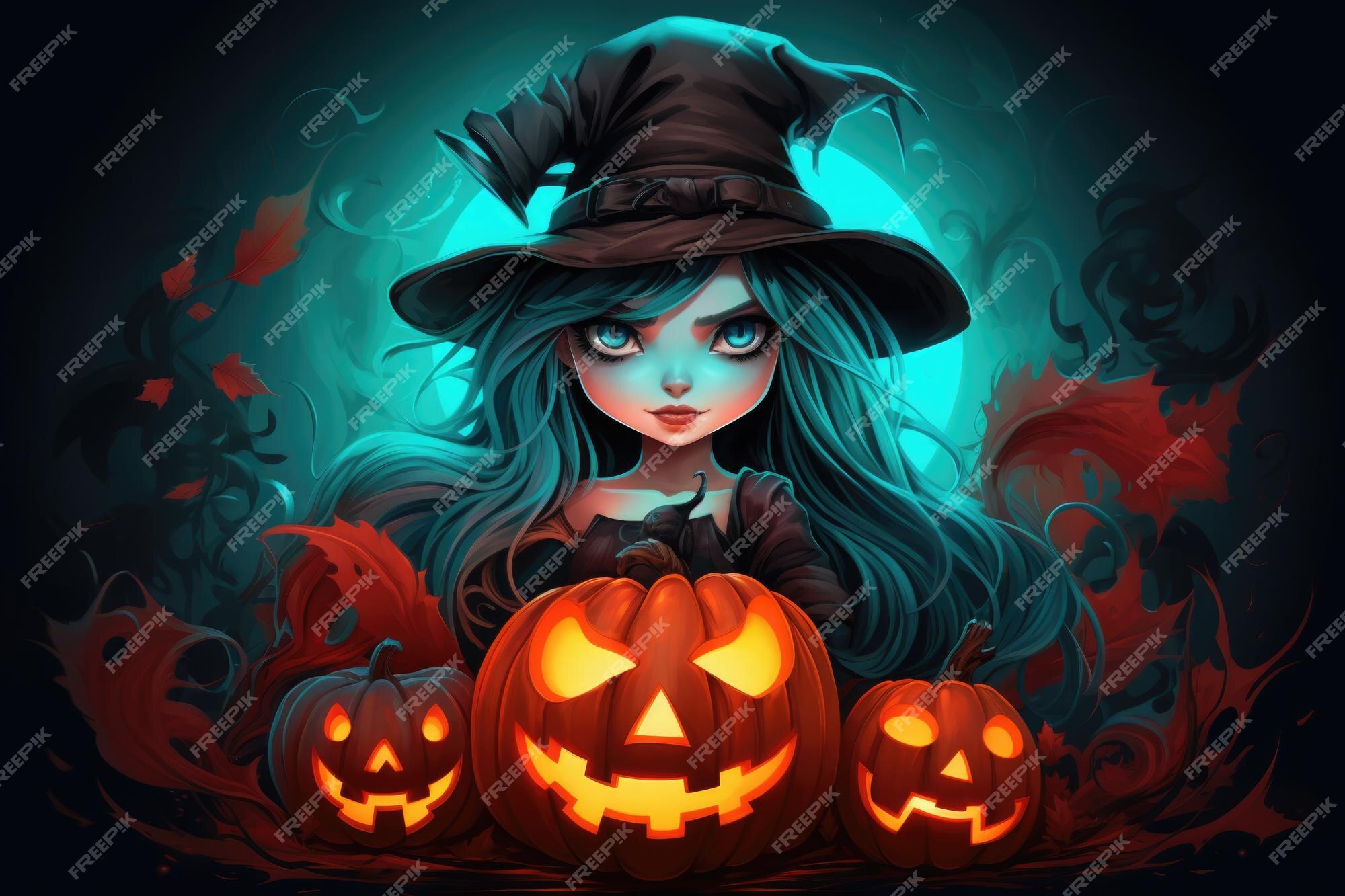 Bruxa bonita segura uma ilustração de halloween jakc o lantern