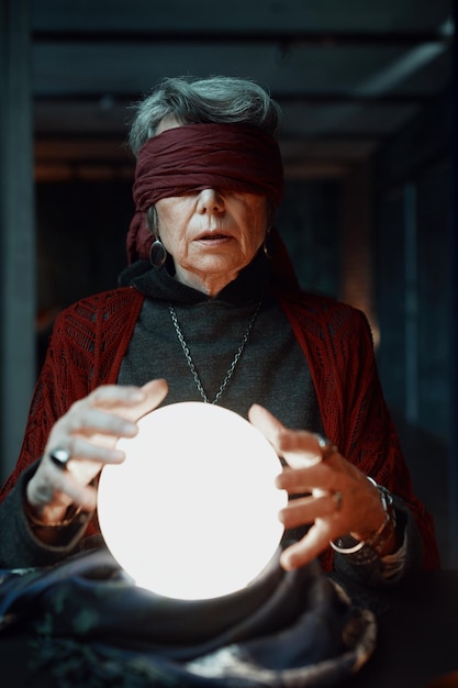 Bruxa cartomante de olhos vendados fazendo previsões com bola de cristal iluminada lendo o futuro durante ritual esotérico e sessão de adivinhação