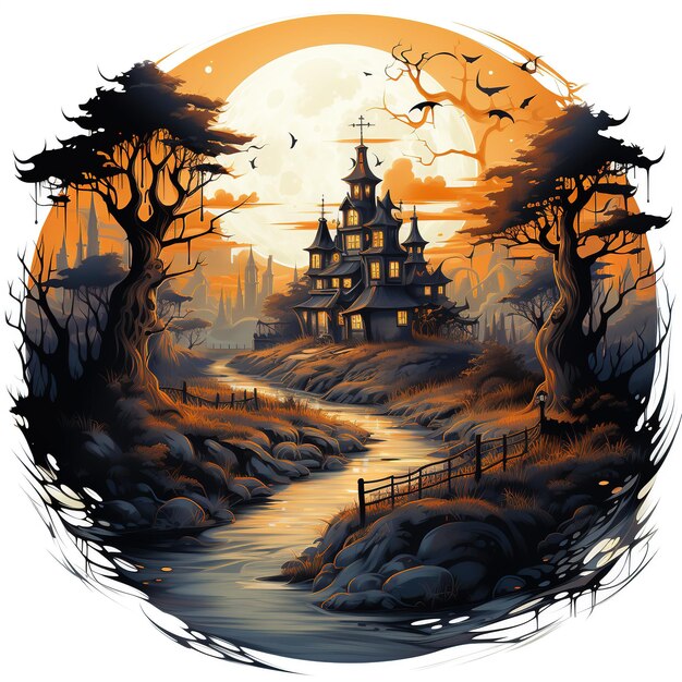 Bruxa Casa Assombrada Abóboras Morcegos Design de Férias de Halloween Cabeça de Abóbora Assustadora Generativa Ai