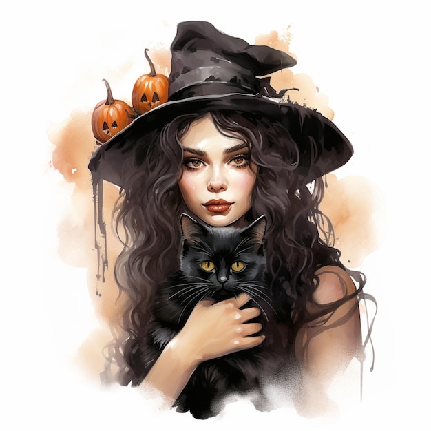Foto bruxa com gato preto e abóboras na cabeça generativa ai