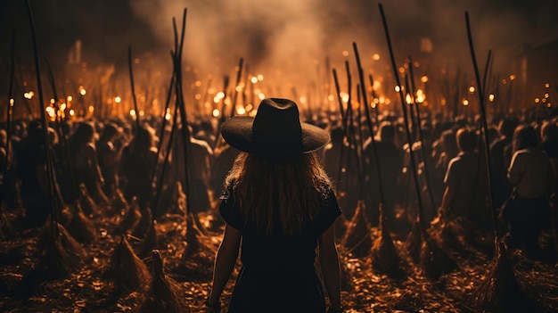 Bruxa com uma vassoura na frente de uma fogueira cercada por outras pessoas vestidas de bruxas no Halloween