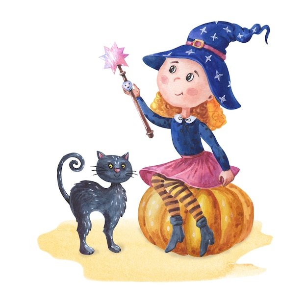 Bruxa de aquarela com gato preto menina bonitinha no cartão de halloween de abóbora