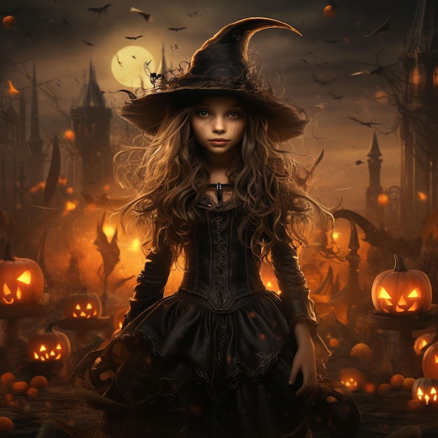 Foto bruxa de halloween com abóboras no fundoilustração generativa de iaa abóboras de halloween