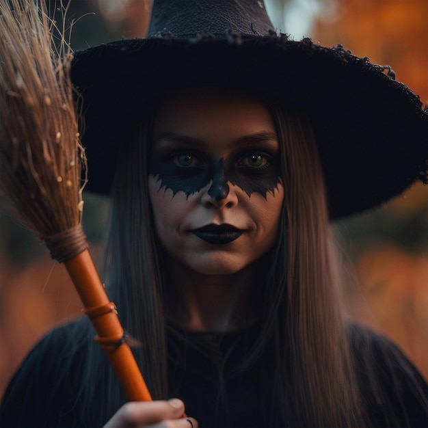 Foto bruxa de halloween com vassoura mulher bonita feliz dia das bruxas