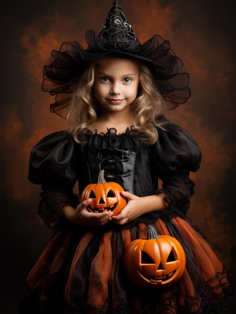 Bruxa de halloween segurando uma abóbora e uma vassoura