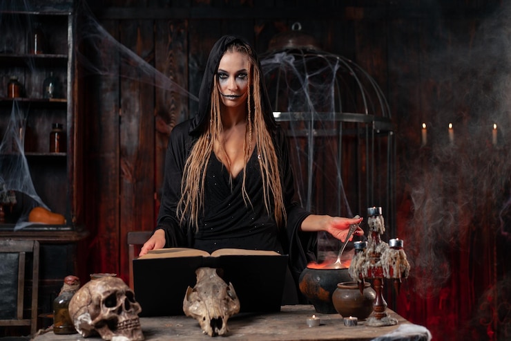 Foto bruxa de halloween usa livro mágico e caldeirão preparar veneno ou poção de amor magia negra feiticeira oculta no quarto escuro gaiola teia de aranha crânio humano necromante olhando câmera