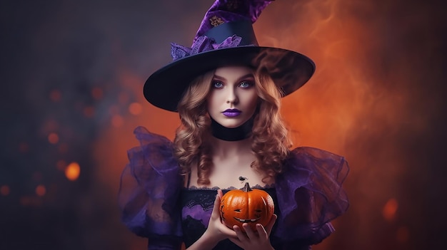 Bruxa de mulher de fantasia de retrato de Halloween segurando fundo de outono de abóbora laranja