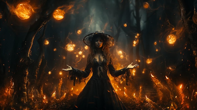 bruxa em vestido gótico faz lançar feitiço de fogo no conceito de Halloween da floresta escura