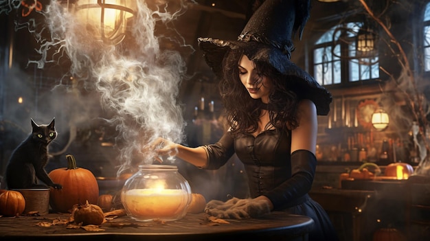 Bruxa encantadora preparando uma vela com um gato preto misterioso sentado próximo a ela IA generativa