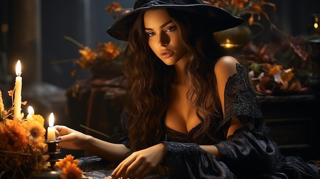 bruxa no quarto escuro com vela acesa e festa mágica mágica celebração de halloween e conceito mágico