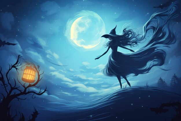 Bruxa voando na grande noite de lua cheia fantasia de tema de halloween