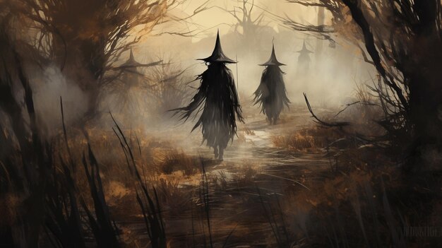 Bruxas andando pela floresta escura na ilustração de Halloween Horror assustador fundo assustador