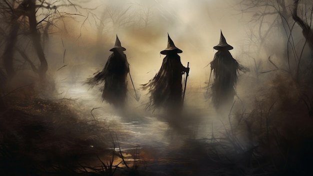 Bruxas andando pela floresta escura na ilustração de Halloween Horror assustador fundo assustador