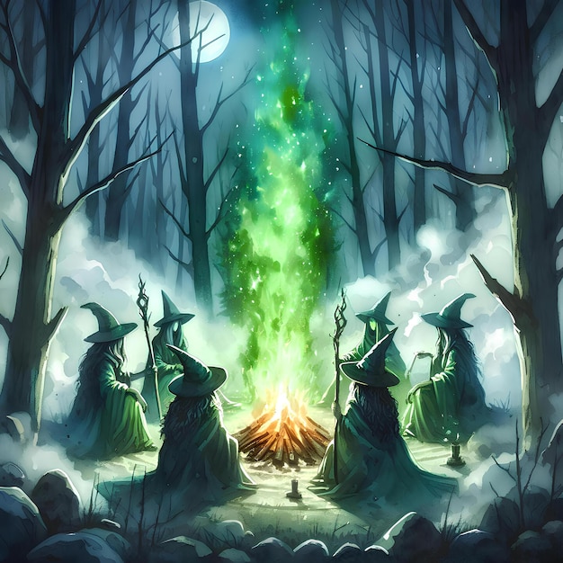 bruxas na floresta com fogo verde
