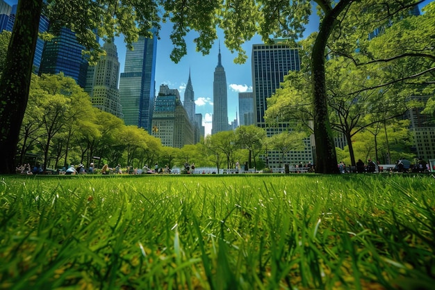 Foto bryant park skyline view sommerzeit in manhattan inmitten des üppigen grünes des parks new york