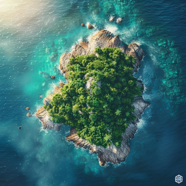BS pequena ilha tropical com densa vegetação e uma costa rochosa no meio do oceano