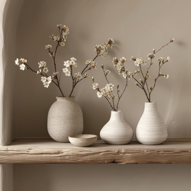 Foto bthree vases of white flowers on a wooden shelf