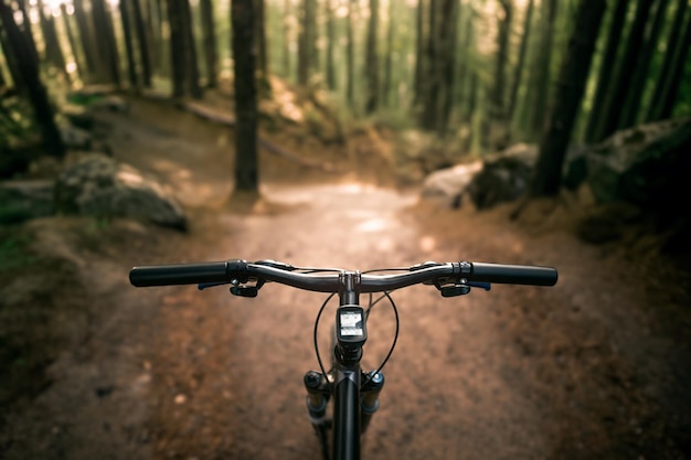 Foto btt de alta velocidade em meio às árvores