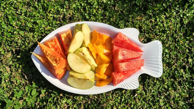 buah segar. Stück frisches Obst in einem Teller. in Scheiben geschnittene Papaya, Apfel, Mango, Wassermelone. tropisch.