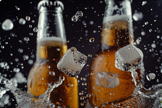 Bubbly Brew se encuentra con botellas de cerveza se encuentran con cubos de hielo salpicando salpicaduras de alegría líquida