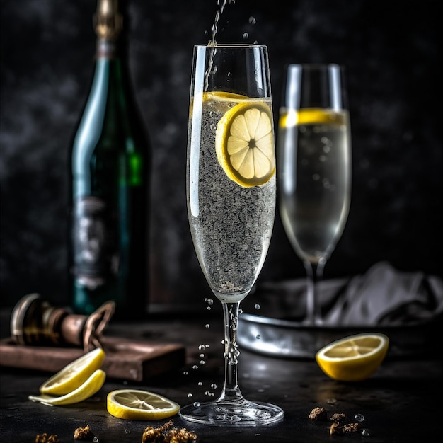 Foto bubbly-französischer cocktail aus gin, zitronensaft, einfacher sirup, champagner und zitronen-twist.