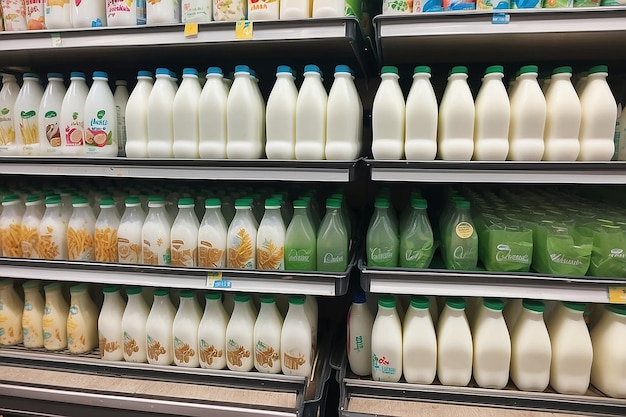Foto bucarest rumania 7 de marzo de 2018 botellas de leche fresca en el puesto de los supermercados
