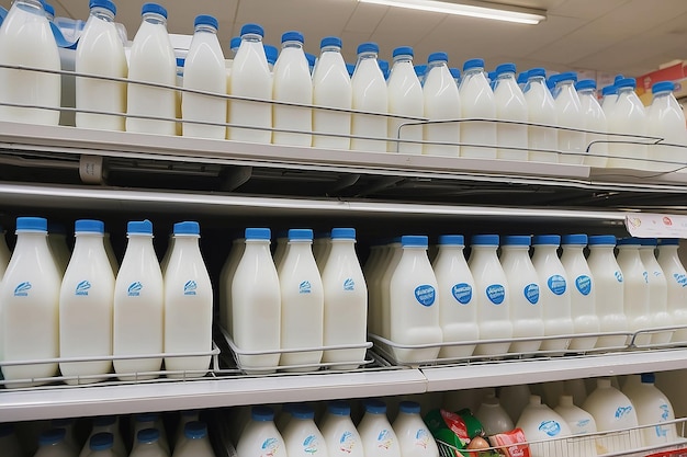 Foto bucarest rumania 7 de marzo de 2018 botellas de leche fresca en el puesto de los supermercados