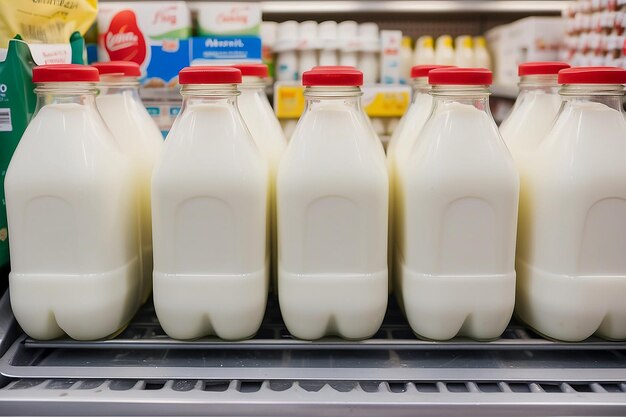 Foto bucarest rumania 7 de marzo de 2018 botellas de leche fresca en el puesto de los supermercados