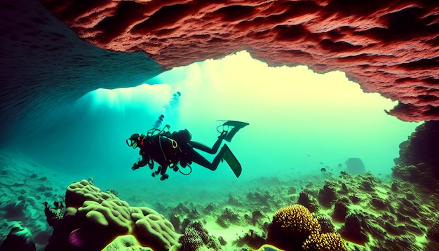 Buceador de aguas profundas nadando en una caverna oceánica profunda Exploración submarina En el abismo