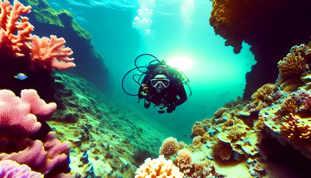 Buceador de aguas profundas nadando en una caverna oceánica profunda Exploración submarina En el abismo