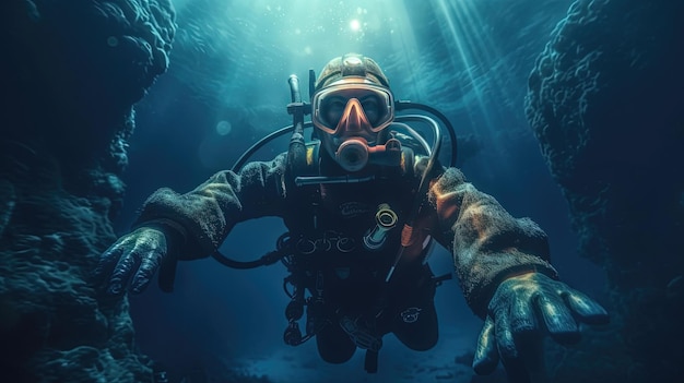 Buceador de aguas profundas nadando en una caverna oceánica profunda Exploración submarina