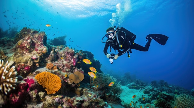 Buceador con arrecife de coral