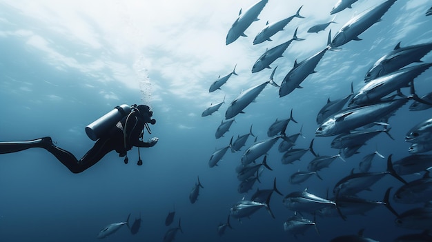 Buceador entre un grupo de peces bajo el agua de tonos azules