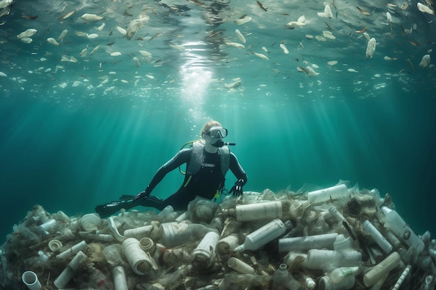 Buceador en medio de un montón submarino de botellas de plástico y desechos