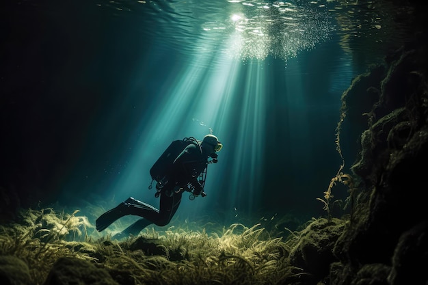 Buceador nadando a través de un mundo submarino iluminado IA generativa