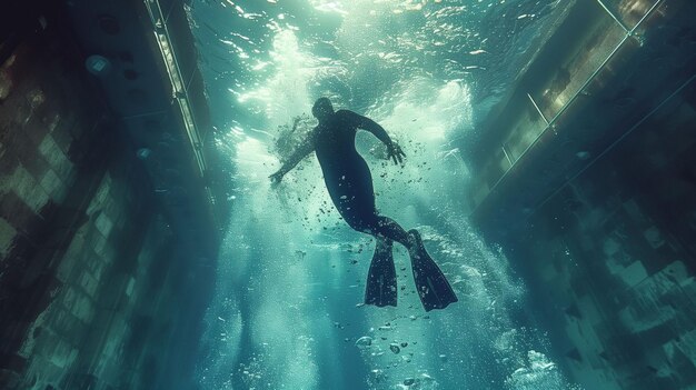 Foto buceador en traje de buceo nadando en el agua ia generativa