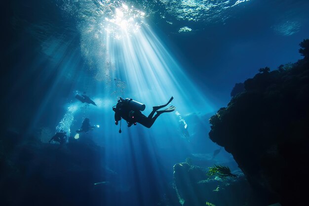 Buceo en aguas profundas Buceo bajo el mar donde hay muchos peces hermosos corales Hay luz que viene de por encima de la superficie del agua Actividades acuáticas buceo en el mar hermosa conservación de la naturaleza