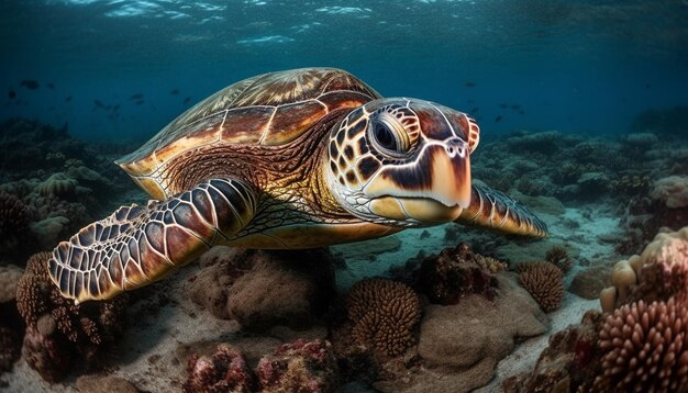 Buceo en aguas profundas con majestuosas tortugas marinas en un arrecife de coral tropical generado por IA