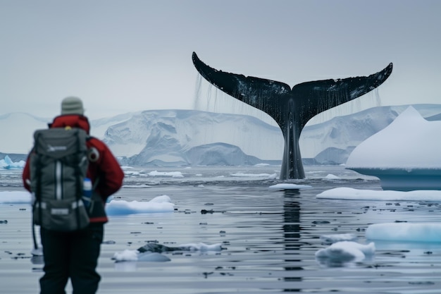 El buceo de la cola de la ballena por los icebergs con la observación del explorador