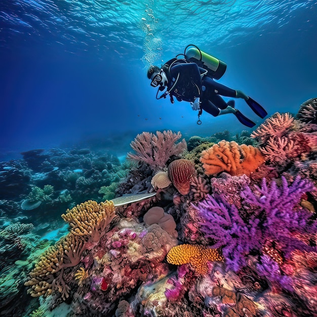 Buceo Escena submarina hermosa vida marina buceador explora y disfruta en el arrecife de coral Ilustración generativa de IA
