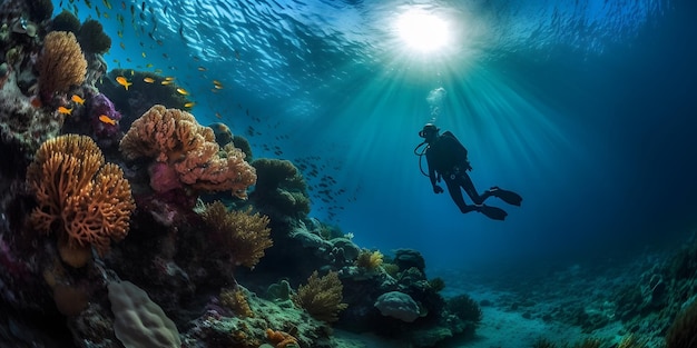 Buceo en el mar de arrecifes de coral del océano tropical bajo el agua Generativo ai