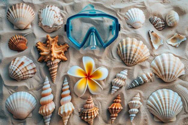 Foto buceo en la playa escape flat lay