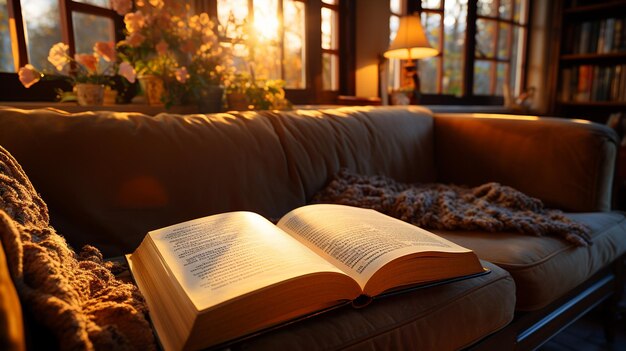 Buch am Fenster bei Sonnenuntergang